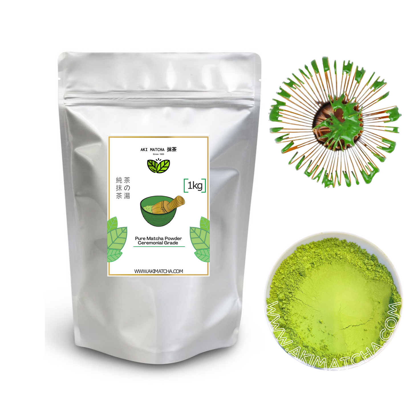 AKI MATCHA - Matcha In Bulk Size - Organic Matcha Green Tea Powder | Ceremonial Grade Matcha | Spring Harvest Matcha | Stone milled Matcha - Size 1kg (500 teaspoons = 500 drinks)