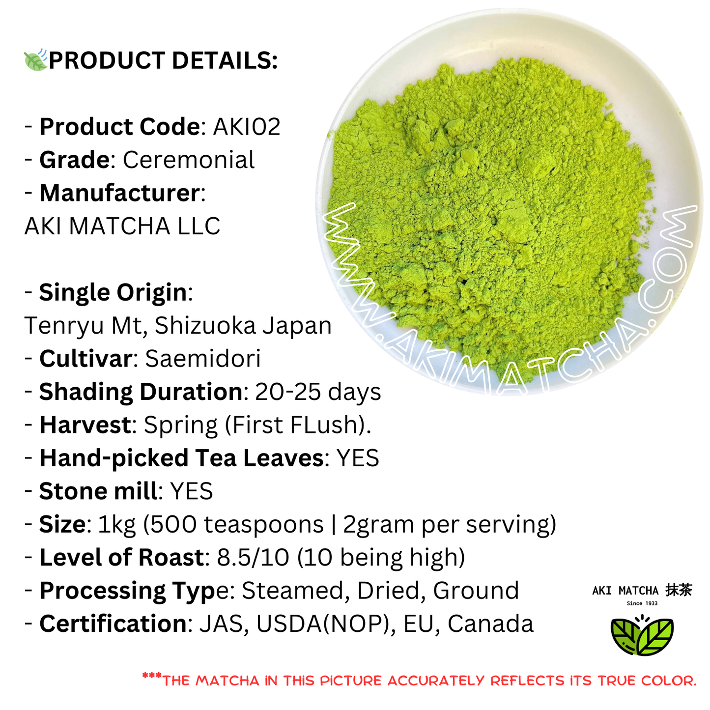 AKI MATCHA - Matcha In Bulk Size - Organic Matcha Green Tea Powder | Ceremonial Grade Matcha | Spring Harvest Matcha | Stone milled Matcha - Size 1kg (500 teaspoons = 500 drinks)