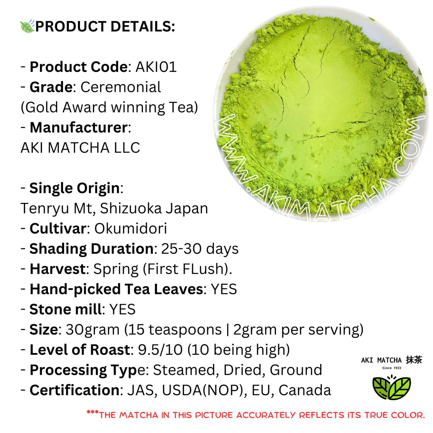 AKI MATCHA - Superior Matcha | Organic Japanese Matcha Tea Ceremonial Grade | USDA Organic | First Harvest - Hand-picked tea | Size: 30g (15 teaspoons = 15 drinks)