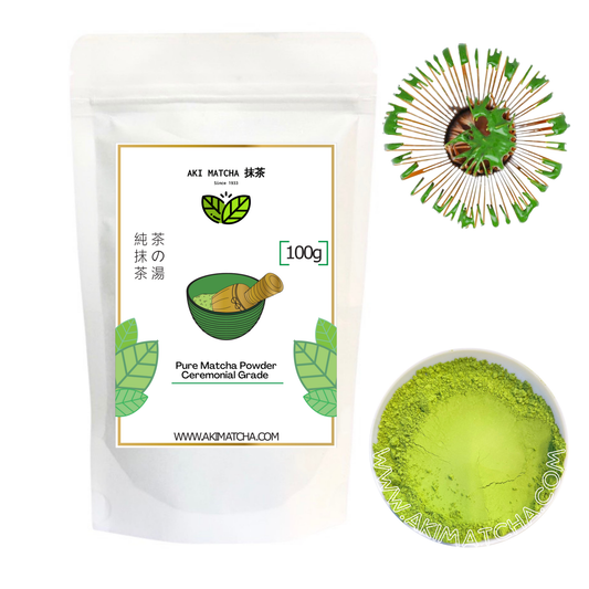 AKI MATCHA - Organic Matcha Green Tea Powder | Spring Harvest Ceremonial Grade Matcha - EGCG 40mg/1g Matcha | Size 100g (50 teaspoons = 50 drinks)