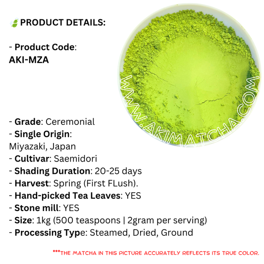 AKI MATCHA Bulk - Saemidori Matcha - Origin: Miyazaki | First Harvest Matcha | Stone Milled - Ceremonial Grade Matcha - Size 1kg (500 teaspoons = 500 drinks)