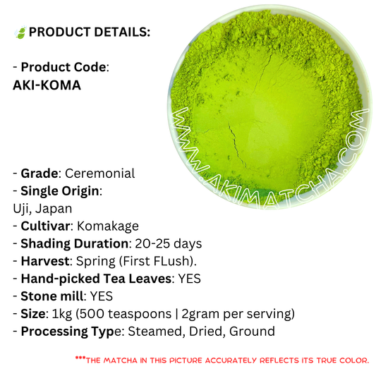 AKI MATCHA Bulk- Komakage Matcha - Origin: Uji | First Harvest Matcha | Stone Milled - Ceremonial Grade Matcha - Single cultivar: Komakage - Size 1kg (500 teaspoons = 500 drinks)